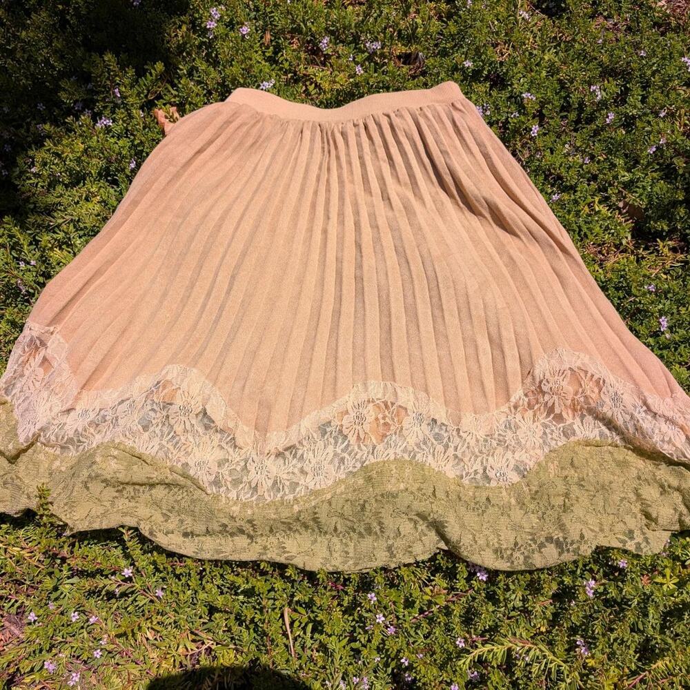 Vintage Ariella Pleated Lace Trim Midi Skirt Beige Green